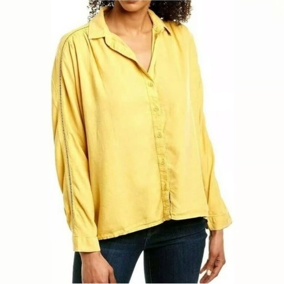 Cloth & Stone Button Down Shirt Eyelet Sleeve Top mustard yellow size M - Picture 1 of 11